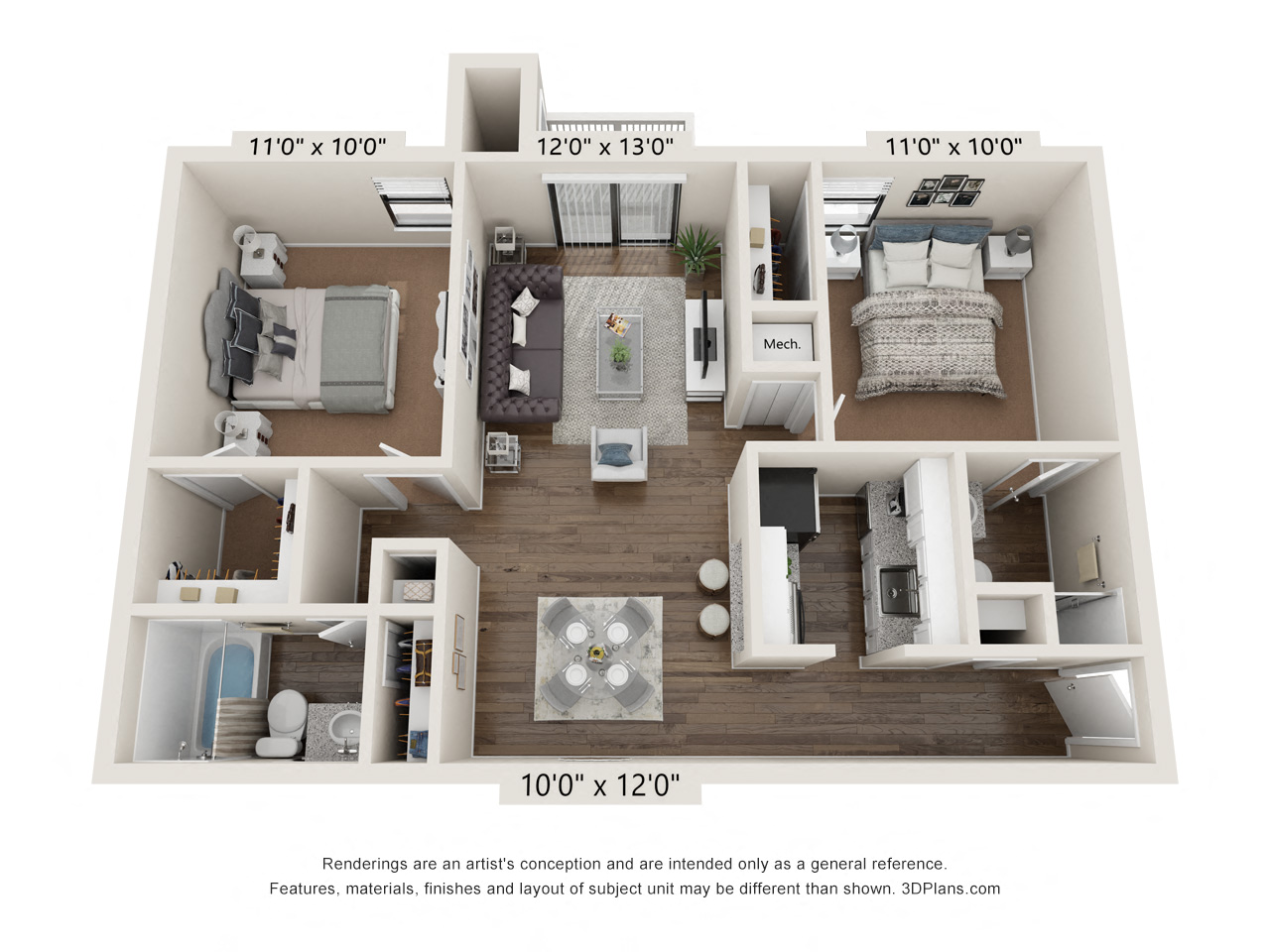 Floor plan for 2 beds, 2 baths, 899 sqft